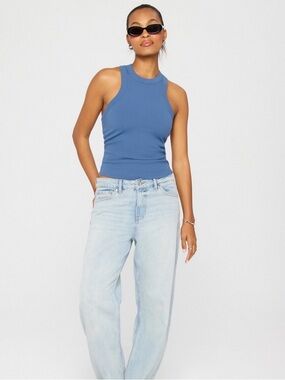 Fabletics Dusty Blue High Neck Rib Built-In Bra Tank